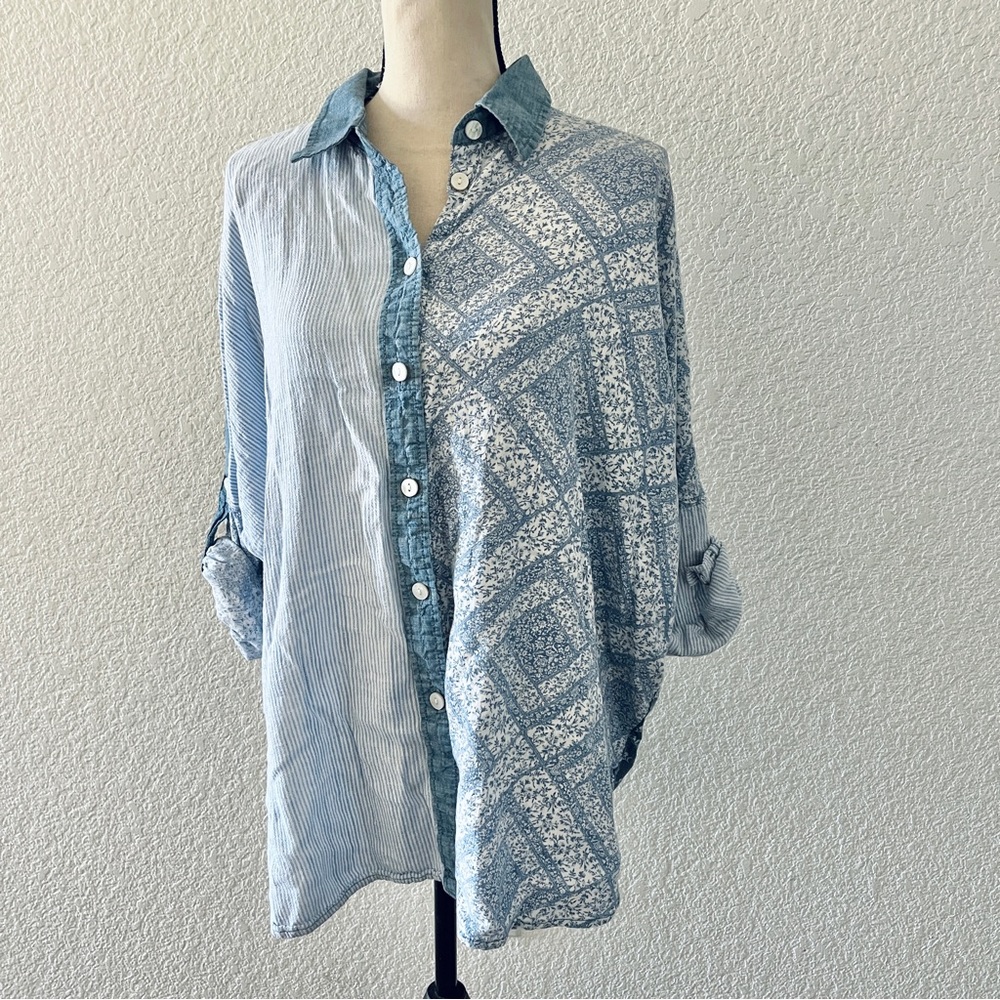 American Eagle Oversized Patchwork Denim Shirt Si… - image 3